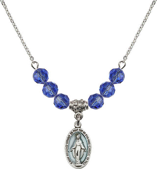 18" Rhodium Plated Necklace with 4mm Sapphire Crystal Beads featuring a Sterling Silver Miraculous Medal.