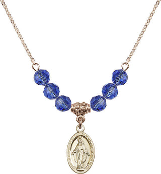18" Hamilton Gold Plated Necklace with 4mm Sapphire Crystal Beads featuring a 14kt Gold Filled Miraculous Medal.