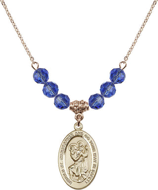 18" Hamilton Gold Plated Necklace with 4mm Sapphire Crystal Beads featuring a 14kt Gold Filled Saint Christopher Medal. Engraved Catholic Saint Jewelry