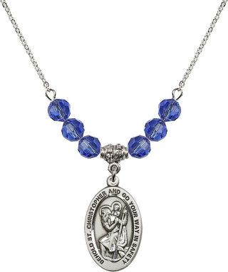18" Rhodium Plated Necklace with 4mm Sapphire Crystal Beads featuring a Sterling Silver Saint Christopher Medal. Engraved Catholic Saint Jewelry