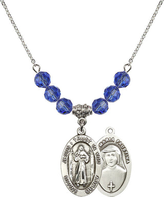 18" Rhodium Plated Necklace with 4mm Sapphire Crystal Beads featuring a Sterling Silver Divine Mercy Medal.