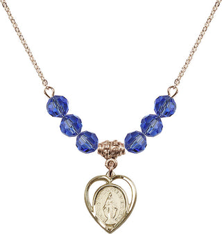 18" Hamilton Gold Plated Necklace with 4mm Sapphire Crystal Beads featuring a 14kt Gold Filled Miraculous Medal.