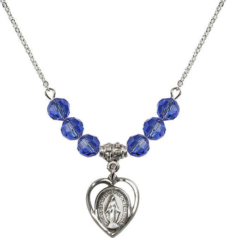 18" Rhodium Plated Necklace with 4mm Sapphire Crystal Beads featuring a Sterling Silver Miraculous Medal.