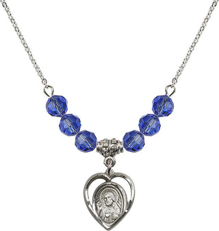 18" Rhodium Plated Necklace with 4mm Sapphire Crystal Beads featuring a Sterling Silver Scapular Medal.