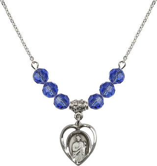 18" Rhodium Plated Necklace with 4mm Sapphire Crystal Beads featuring a Sterling Silver Saint Jude Medal.