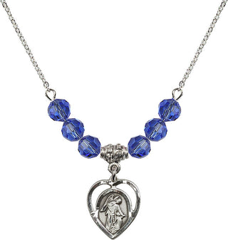 18" Rhodium Plated Necklace with 4mm Sapphire Crystal Beads featuring a Sterling Silver Guardian Angel Medal.