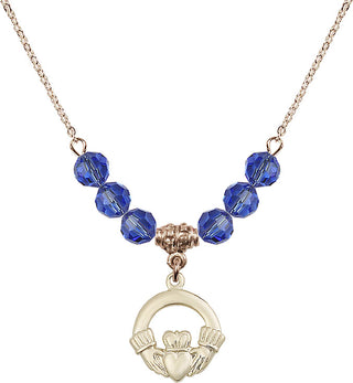 18" Hamilton Gold Plated Necklace with 4mm Sapphire Crystal Beads featuring a 14kt Gold Filled Claddagh Medal.