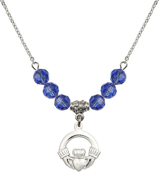 18" Rhodium Plated Necklace with 4mm Sapphire Crystal Beads featuring a Sterling Silver Claddagh Medal.