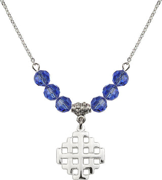 18" Rhodium Plated Necklace with 4mm Sapphire Crystal Beads featuring a Sterling Silver Jerusalem Cross Medal.