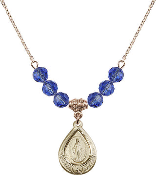 18" Hamilton Gold Plated Necklace with 4mm Sapphire Crystal Beads featuring a 14kt Gold Filled Miraculous Medal.