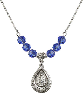 18" Rhodium Plated Necklace with 4mm Sapphire Crystal Beads featuring a Sterling Silver Miraculous Medal.