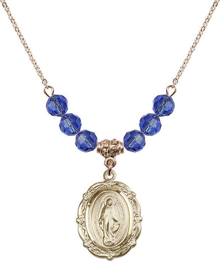 18" Hamilton Gold Plated Necklace with 4mm Sapphire Crystal Beads featuring a 14kt Gold Filled Miraculous Medal.