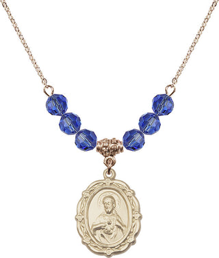 18" Hamilton Gold Plated Necklace with 4mm Sapphire Crystal Beads featuring a 14kt Gold Filled Scapular Medal.