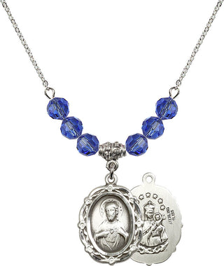 18" Rhodium Plated Necklace with 4mm Sapphire Crystal Beads featuring a Sterling Silver Scapular Medal.