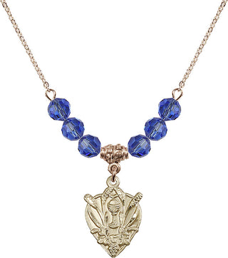 18" Hamilton Gold Plated Necklace with 4mm Sapphire Crystal Beads featuring a 14kt Gold Filled Communion Medal.