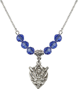 18" Rhodium Plated Necklace with 4mm Sapphire Crystal Beads featuring a Sterling Silver Communion Medal.