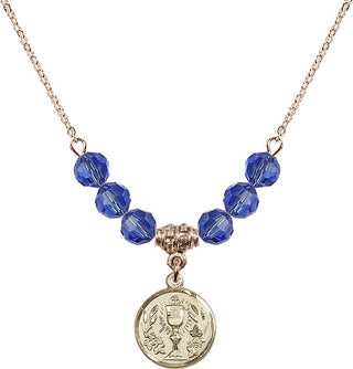18" Hamilton Gold Plated Necklace with 4mm Sapphire Crystal Beads featuring a 14kt Gold Filled Communion Chalice Medal.