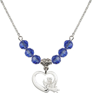 18" Rhodium Plated Necklace with 4mm Sapphire Crystal Beads featuring a Sterling Silver Heart / Guardian Angel Medal.