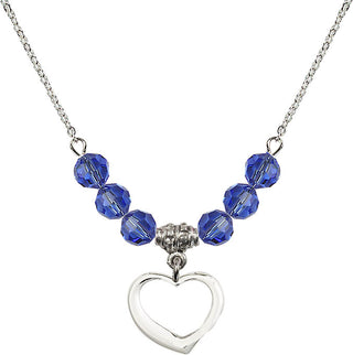 18" Rhodium Plated Necklace with 4mm Sapphire Crystal Beads featuring a Sterling Silver Heart Medal.