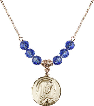 18" Hamilton Gold Plated Necklace with 4mm Sapphire Crystal Beads featuring a 14kt Gold Filled Sorrowful Mother Medal.
