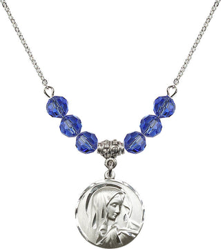 18" Rhodium Plated Necklace with 4mm Sapphire Crystal Beads featuring a Sterling Silver Sorrowful Mother Medal.