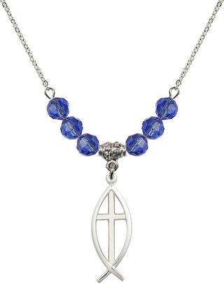 18" Rhodium Plated Necklace with 4mm Sapphire Crystal Beads featuring a Sterling Silver Fish / Cross Medal.