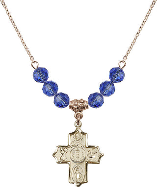 18" Hamilton Gold Plated Necklace with 4mm Sapphire Crystal Beads featuring a 14kt Gold Filled 4-Way Medal.