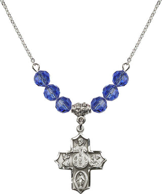 18" Rhodium Plated Necklace with 4mm Sapphire Crystal Beads featuring a Sterling Silver 4-Way Medal.