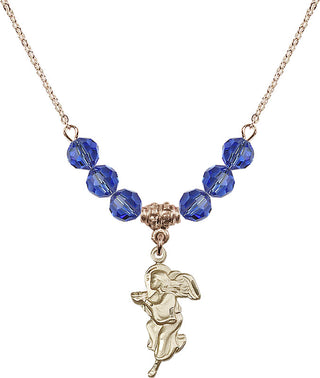 18" Hamilton Gold Plated Necklace with 4mm Sapphire Crystal Beads featuring a 14kt Gold Filled Guardian Angel Medal.