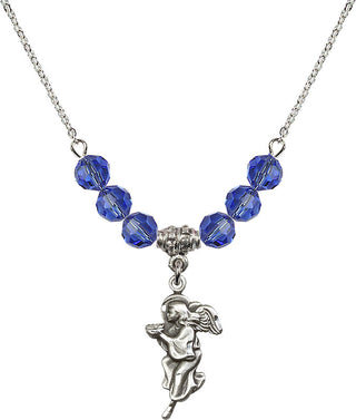 18" Rhodium Plated Necklace with 4mm Sapphire Crystal Beads featuring a Sterling Silver Guardian Angel Medal.