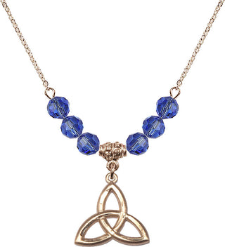 18" Hamilton Gold Plated Necklace with 4mm Sapphire Crystal Beads featuring a 14kt Gold Filled Trinity Irish Knot Medal.