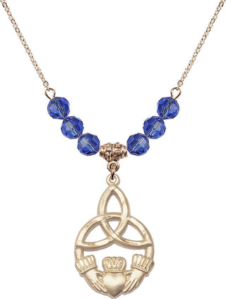 18" Hamilton Gold Plated Necklace with 4mm Sapphire Crystal Beads featuring a 14kt Gold Filled Irish Knot / Claddagh Medal.