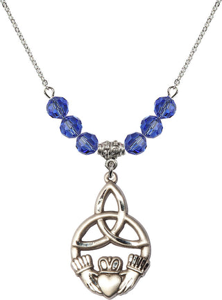 18" Rhodium Plated Necklace with 4mm Sapphire Crystal Beads featuring a Sterling Silver Irish Knot / Claddagh Medal.