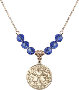 18" Hamilton Gold Plated Necklace with 4mm Sapphire Crystal Beads featuring a 14kt Gold Filled Shamrock with Celtic Border Medal.
