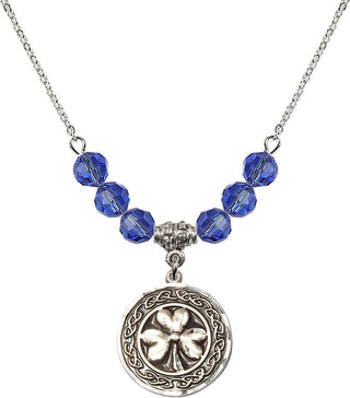 18" Rhodium Plated Necklace with 4mm Sapphire Crystal Beads featuring a Sterling Silver Shamrock with Celtic Border Medal.