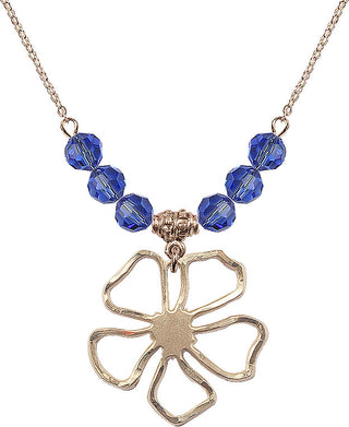 18" Hamilton Gold Plated Necklace with 4mm Sapphire Crystal Beads featuring a 14kt Gold Filled Five Pedal Flower Medal.