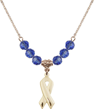 18" Hamilton Gold Plated Necklace with 4mm Sapphire Crystal Beads featuring a 14kt Gold Filled Cancer Awareness Medal.