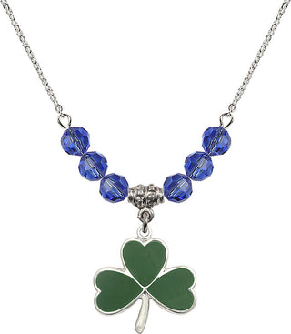18" Rhodium Plated Necklace with 4mm Sapphire Crystal Beads featuring a Sterling Silver Shamrock Medal.