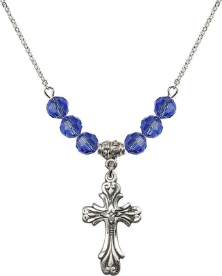 18" Rhodium Plated Necklace with 4mm Sapphire Crystal Beads featuring a Sterling Silver Cross Medal.