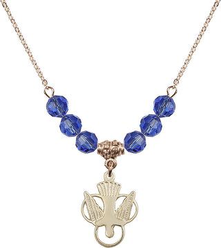 18" Hamilton Gold Plated Necklace with 4mm Sapphire Crystal Beads featuring a 14kt Gold Filled Holy Spirit Medal.