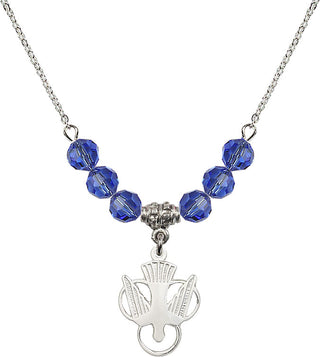 18" Rhodium Plated Necklace with 4mm Sapphire Crystal Beads featuring a Sterling Silver Holy Spirit Medal.