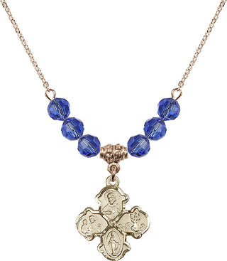 18" Hamilton Gold Plated Necklace with 4mm Sapphire Crystal Beads featuring a 14kt Gold Filled 4-Way Medal.