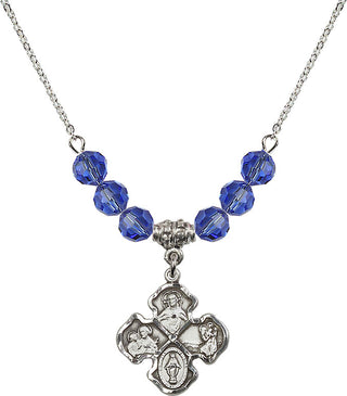 18" Rhodium Plated Necklace with 4mm Sapphire Crystal Beads featuring a Sterling Silver 4-Way Medal.