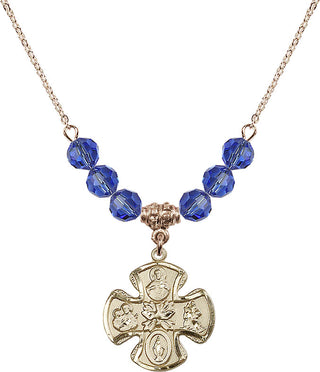 18" Hamilton Gold Plated Necklace with 4mm Sapphire Crystal Beads featuring a 14kt Gold Filled 5-Way Medal.