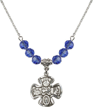 18" Rhodium Plated Necklace with 4mm Sapphire Crystal Beads featuring a Sterling Silver 5-Way Medal.