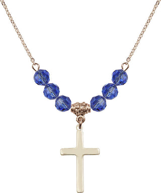 18" Hamilton Gold Plated Necklace with 4mm Sapphire Crystal Beads featuring a 14kt Gold Filled Cross Medal.