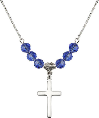18" Rhodium Plated Necklace with 4mm Sapphire Crystal Beads featuring a Sterling Silver Cross Medal.