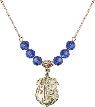 18" Hamilton Gold Plated Necklace with 4mm Sapphire Crystal Beads featuring a 14kt Gold Filled Saint Michael the Archangel Medal. Engraved Catholic Saint Jewelry