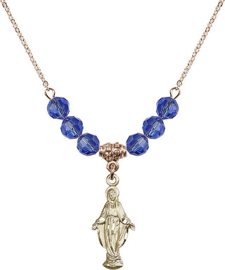 18" Hamilton Gold Plated Necklace with 4mm Sapphire Crystal Beads featuring a 14kt Gold Filled Miraculous Medal.