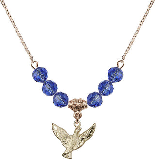 18" Hamilton Gold Plated Necklace with 4mm Sapphire Crystal Beads featuring a 14kt Gold Filled Holy Spirit Medal.